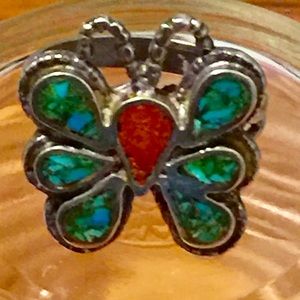 ❌Gifted ❌Vintage Silver Butterfly Coral & Turquoise Ring.